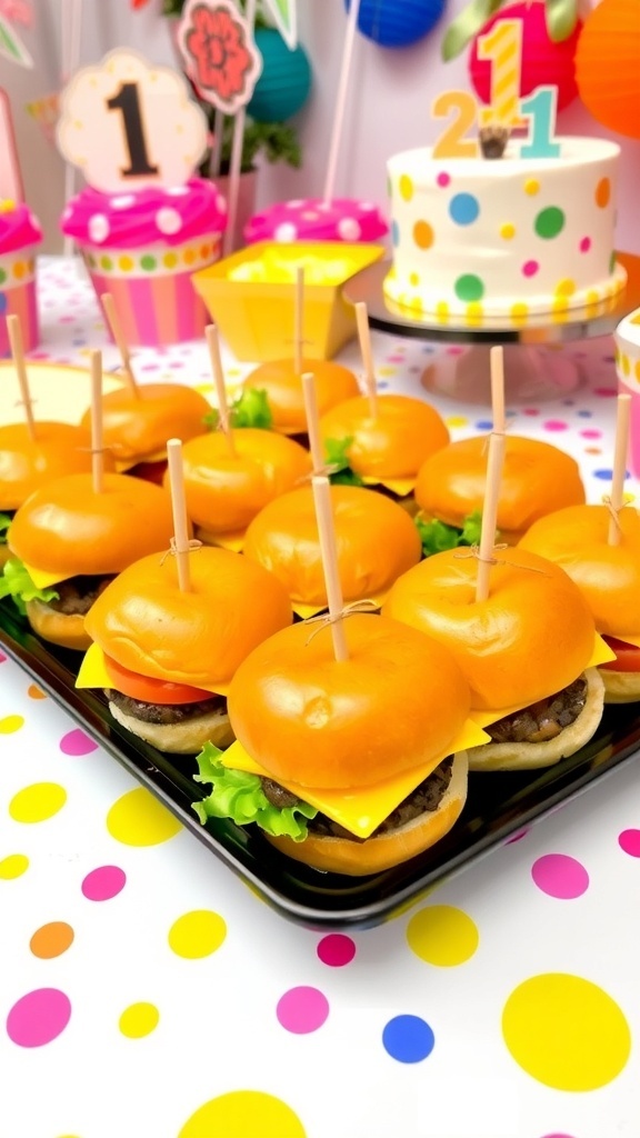 Mini hamburger sliders with cheese and toppings on a festive birthday table.